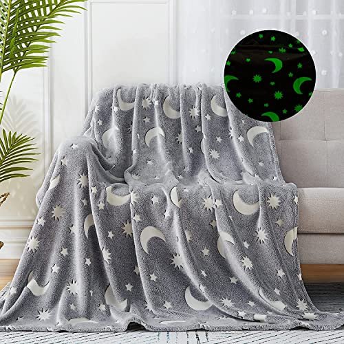 Happy Hues® Glow in The Dark Blanket Kids-Teens Boys & Girls Travel Lightweight Throw Blankets Soft & Fluffy (‎Grey Moon)