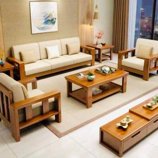 Home furniture Wooden Sofa Set for Living Room and Office 5 Seater Natural Teak Finish Five Seater