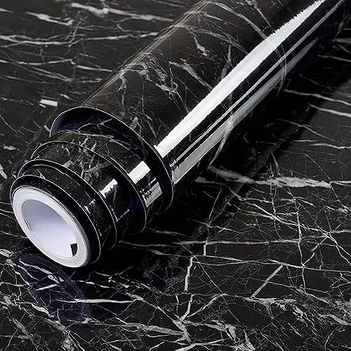 MHR Kitchen Sticker Sheets for Shelves Oil Proof Waterproof self Adhesive Wallpaper Cupboard mats for Kitchen Cabinet Shelf Liners Sheet roll for Floor Platform (60×200 cm) (Black Marble Wallpaper)