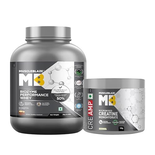 MuscleBlaze Biozyme Performance Whey Protein Powder (Kesar Thandai, 2kg / 4.4lbs) & Creatine Monohydrate CreAMP (100g, Unflavoured)