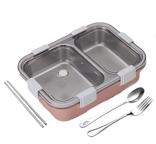 PRIME DEALS Lunch Box Sealed Leakage Proof Stainless Steel Lunch Box with Fork,Chopstick & Spoon Lid Office Food Container 2 Compartment for School Kids and Adults, 750ml (2 Compartment, Pink)