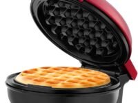PrimAlite Mini Waffle Maker 4 Inch- 350 Watts: Stainless Steel Non-Stick Electric Iron Machine for Individual Belgian Waffles, Pan Cakes, Paninis or Other Snacks - Tangy Red