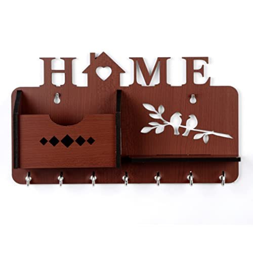 Sehaz Artworks Key Holder for Home Decor Stylish | Key Hangers for Wall | Wooden Key Stand for Wall (7 Hooks, MDF Brown)