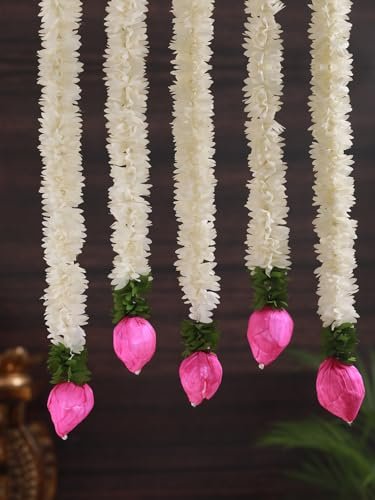 TIED RIBBONS 5 Pcs Lotus Hangings for Decoration Home Decor Wall Door Mandir Pooja Room Office Birthday Wedding Stage Backdrop Navratri Decorative Items (37.3 cm Each) Artificial Mogra Flower Garlands