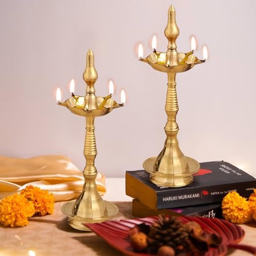 TIED RIBBONS Set of 2 Brass Nilavilakku Kerala Diya Oil Lamp Stand for Home Decor Puja Room Temple Mandir Office Festival Panchmukhi Diya Decorations Items (6.5 inch x 2 inch, Gold)