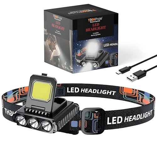 TechPride HL-3 Rechargeable LED Headlamp | Wide Beam Head Torch with 5 Light Modes, Waterproof & Lightweight | Camping, Hiking, Cycling, Fishing, Repair Work, Outdoor & Indoor Use
