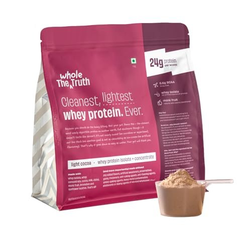 The Whole Truth Whey Protein Isolate+Concentrate | Light Cocoa 1 kg (2.2 lbs) | 24g Protein/Scoop | 6.6g BCAA | 100% Authentic Whey & No Adulteration | Clean, Light & Easy to Digest | Vegetarian