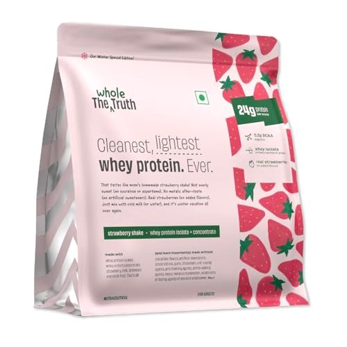 The Whole Truth Whey Protein Isolate+Concentrate | Strawberry Shake 1 kg (2.2 lbs) |24g Protein/Scoop | 5.2g BCAA |100% Authentic Whey |Real Strawberries & No Added Flavours