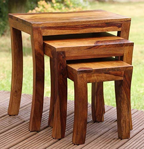 UNITEK FURNITURE Sheesham Wood Nesting Tables Set of 3 Stools (Honey Finish)
