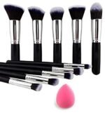 URBANMAC Fiber Bristle Makeup Brushes Set Tool Pro Foundation Eyeliner Eyeshadow (Black) with Sponge Puff- Black, 10 Pieces