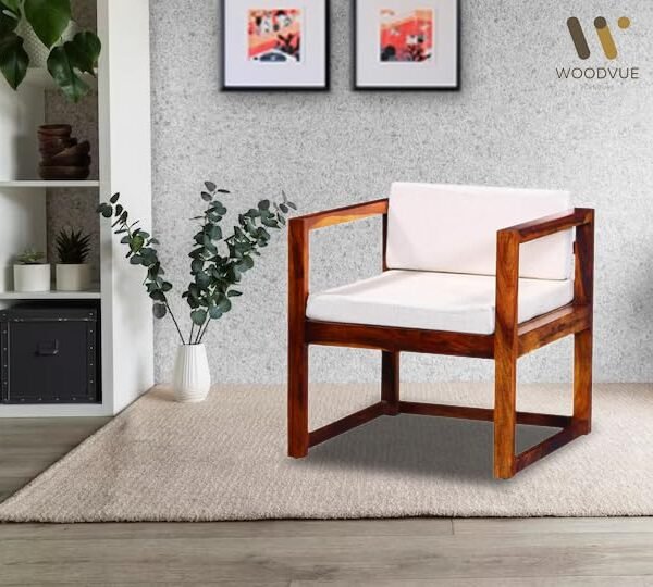 WOODVUE Sheesham Wood Armchair Sofa Longue Chair with Cushions for Home & Office (Honey Teak Finish) (Honey Teak)