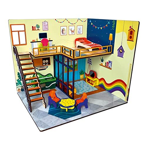 Webby DIY Tin Town Wooden Doll House for Girls, Toys for Girls, Big Doll House with Furniture & Painting Kit, Multicolor