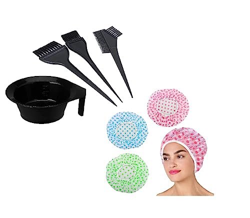 Winkelen Hair Dye Brush and Bowl Set with 3 Shower Caps | Hair Coloring Applicator Brush Set, Mixing Bowl with Handle | Reusable Bathing Cap Cover | Beauty Salon Spa Tool Kit (7pcs)