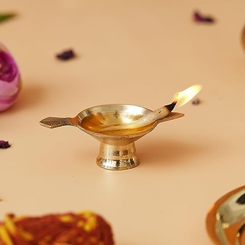 eCraftIndia Golden Decorative Brass Diya with Stand and Holder | Auspicious Diya for Puja Room, Home, Office, Festive Decor | Gift for Diwali, Housewarmings, Ganesh Chaturthi Festival