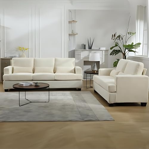 groovecraft Alara 5 Seater Fabric 2 Seater Loveseat Sofa and 3 Seater Sofa for Living Room (White)