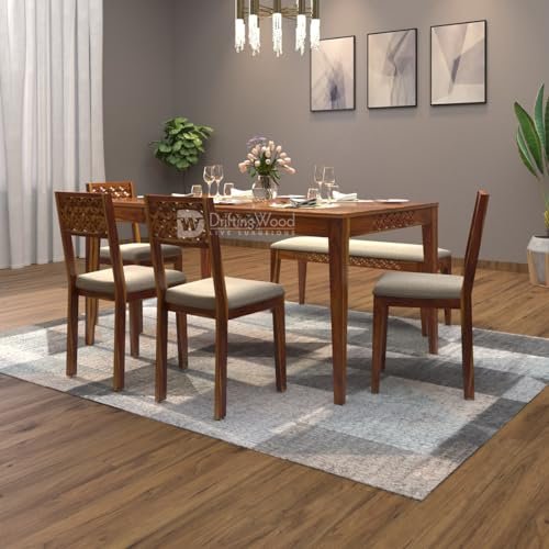DRIFTINGWOOD Maharaja Sheesham Wood Dining Table 6 Seater | Wooden Six Seater Dinning Table with Cushion Chairs & Bench | Dinner Table 6 Seater | Dining Room Sets | Self Assembly, Natural Finish
