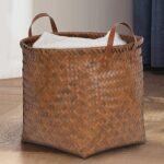 ABOUT SPACE Rattan Laundry Basket for Clothes - Wicker Baskets for Cloth with PU Leather Handle & PP Storage Basket for Toys, Clothes, Blankets, Natural Color - 40 L x 40 B x H 38 cm (Holds 10 kg)