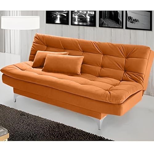 AMATA Eagle 3 Seater Sofa Cum Bed Orange Suede Velvet Fabric with Two Cushions Perfect for Home Living Office Room and Guests (Orange 2, Medium)(3 Year Warranty)