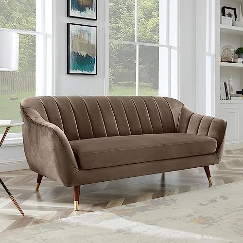 AMATA Marino 3 Seater Camel Suede Velvet Fabric Sofa with Two Cushions Perfect for Home Office Guests Living Room (3 Seater, Camel1)(3 Year Warranty)