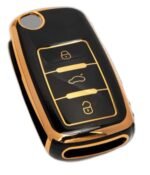 AUTODIFY™ TPU Car Key Cover Black & Golden Compatible for Volkswagen Polo, Vento, Jetta, Ameo, Passat (Volkswagen, 3 Button Flip Key)