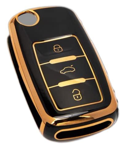 AUTODIFY™ TPU Car Key Cover Black & Golden Compatible for Volkswagen Polo, Vento, Jetta, Ameo, Passat (Volkswagen, 3 Button Flip Key)