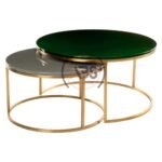 Abroshine Arts Modern Nesting Coffee Table Set of 2 for Living Room, Balcony, Garden, Round Table with Wood Side, Sturdy Metal Frame-Green Gold & Grey