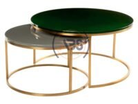 Abroshine Arts Modern Nesting Coffee Table Set of 2 for Living Room, Balcony, Garden, Round Table with Wood Side, Sturdy Metal Frame-Green Gold & Grey