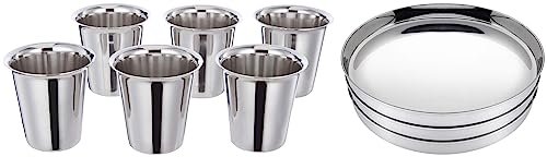Amazon Brand - Solimo Myrah Dinner Plate Set (3 Pieces, Curved Deep Wall Design) Classico Glass Set (6 Pieces, 7.5cm Dia, South Indian Design)