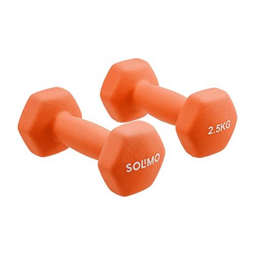 Amazon Brand - Solimo Neoprene-Coated Hexagonal Dumbbells | Strength Training Weights | Easy-Grip | Anti-Roll Design | Colour-Coded Ends | Set of 2 - 2.5 kg | Orange