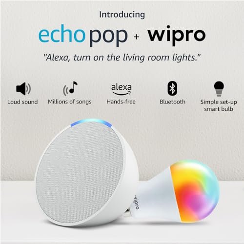 Amazon Echo Pop (White) Smart Home Speaker Combo with Wipro Simple Setup 9W LED Smart Bulb | with Bluetooth and Alexa