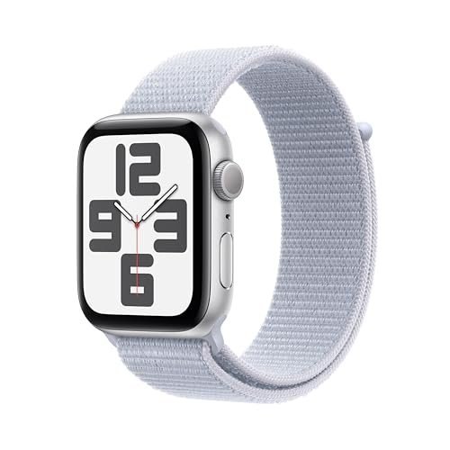 Apple Watch SE (2nd Gen, 2023) [GPS 44mm] Smartwatch with Silver Aluminum Case with Blue Cloud Sport Loop. Fitness & Sleep Tracker, Crash Detection, Heart Rate Monitor, Retina Display