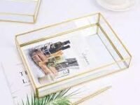 Art India Collections Brass Glass Decorative Mirror Tray Multiutility Purpose Jewelry Organizer Tray Decorative Accent, Serving Tray Gold 9x7x1.5