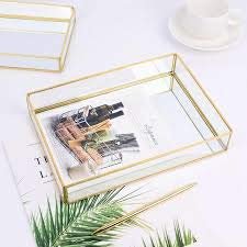 Art India Collections Brass Glass Decorative Mirror Tray Multiutility Purpose Jewelry Organizer Tray Decorative Accent, Serving Tray Gold 9x7x1.5