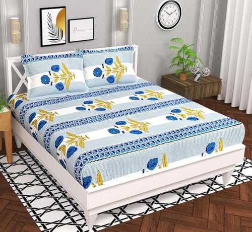 BSB HOME Microfiber 144 TC Aspire 2.O Collections Soft Breathable Wrinklefree Floral Printed Double Bedsheets with 2 Regular Size Pillow Covers, Color White & Blue Rose