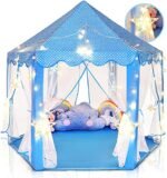 BabyGo Kids Prince Princess Castle Theme Play Tent with Mosquito Net Design for Kids (Blue with Light)