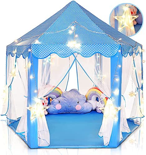 BabyGo Kids Prince Princess Castle Theme Play Tent with Mosquito Net Design for Kids (Blue with Light)