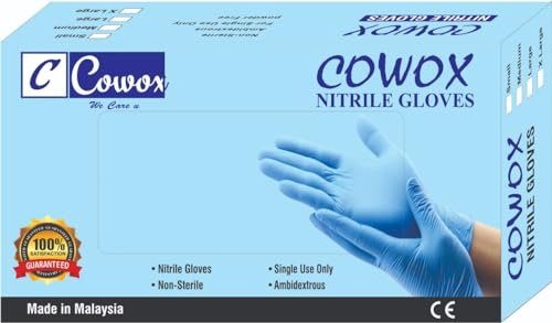 COWOX Surgicals Nitrile Gloves Disposable Powder Free Examination Blue Hand Gloves Food Grade Ce & Fda Approved Medium Size- Pack of 100 Pieces, Non-Sterile