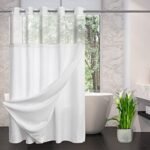 CYPL No Hooks Required Waffle Weave Shower Curtain with Snap in Liner-Hotel Grade Waterproof & Mesh Top Window Spa Like Bath Curtain Machine Washable Heavy Duty 71Wx74L (White)