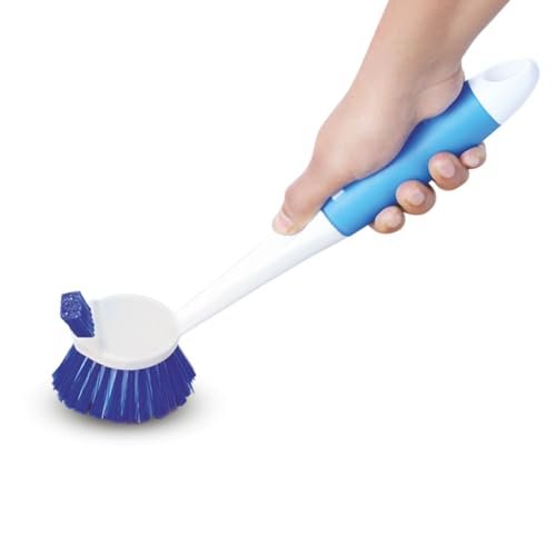 Cello Kleeno Dual Action Sink and Dish Brush | Featuring Flexible Bristles, Hanging Provision, Rubberised Handle, and Tough Bristles for Stubborn Stains | Blue and White