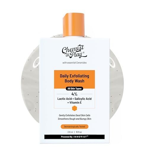 Chemist At Play Exfoliating Body Wash 236ml | 4% (Salicylic Acid, Vitamin E and Lactic Acid) | Paraben & SLS Free | Gentle Exfoliating Shower Gel | Removes Tan & Body Acne | Prevents Dry, Rough, Bumpy Skin | Men & Women