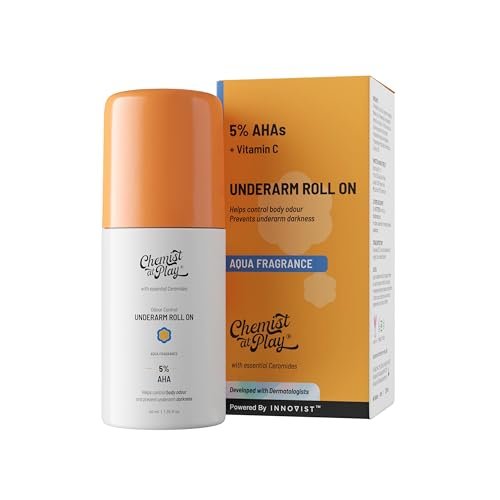 Chemist at Play UnderArm Roll-On with 5% AHA, Lactic Acid & 1% Mandelic Acid | Prevents Body Odour, Brightens Skin & Exfoliates Underarm | Fades Pigmentation & Kills Bacteria | For Sensitive Skin | Aqua Fragrance | Alcohol Free - 40ml