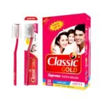 Classic Gold Supreme Super Soft Manual Toothbrush For Adults Pack Of 12 With New Anti Bacterial Crystal Clear Cap And Also Premium Dupont Bristles