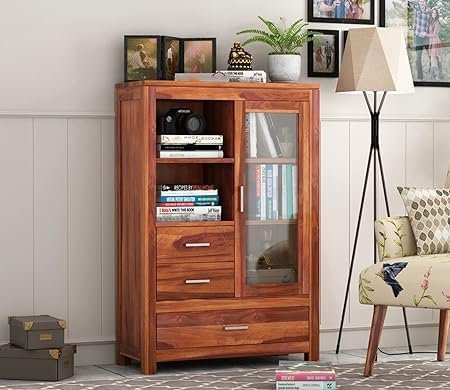Credenza Wood Book Shelf for Home Library|Wooden Bookshelf Cabinet with Glass Door Drawer Storage|Home Kitchen Furniture| Crockery Cabinet|Books Rack for Shelves|Bookcases,Honey