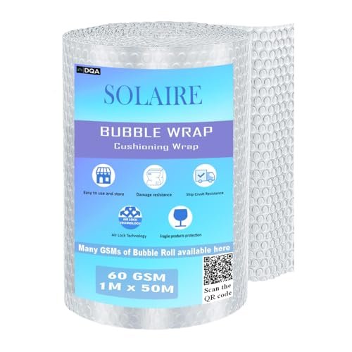 DQA SOLAIRE Premium Polythene Air Bubble Wrap Packing Roll for Safety, Multipurpose Packing Material 1 Meter Wide (50M 60GSM)