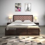 DRIFTINGWOOD Dolvi Solid Sheesham Wood King Size Bed with Storage | Wooden Double Bed Cot Bed with Box Storage & Pink Velvet Upholstered Cushioned Headboard for Bedroom | Walnut Finish