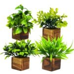 DecoreBugs Plastic Potted Artificial Plant In Wooden Pot (4 Pack) Eucalyptus Plants Small Plants For Home Decor|Office Decor|Db-8149