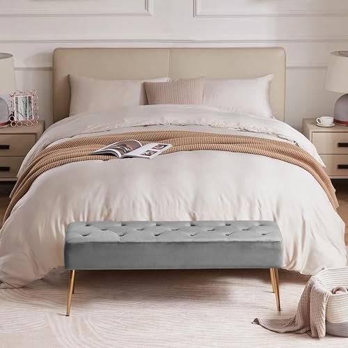 Dence Store-Entryway Living Room Bedroom Modern Velvet Bench Ottoman Bench Footrest Stool Tufted Indoor Bench with Gold Metal Base Legs-Grey