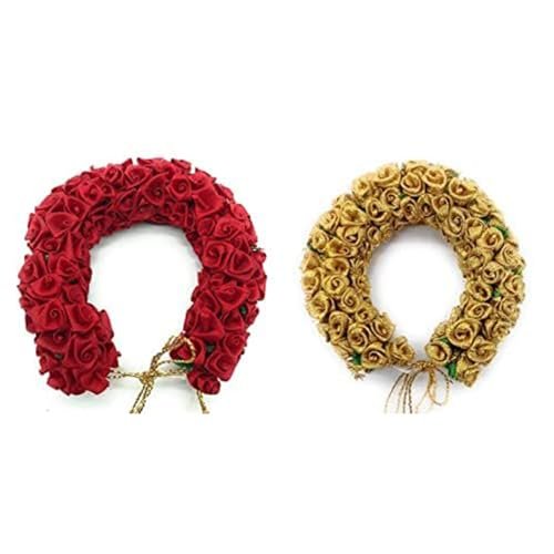 Ervio Handmade Floral Hair Gajra | Wedding Bridal Hair Veni | Indian Bun Accessory | Traditional Juda Decoration | Hair Garland for Women (Red & Golden)