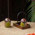 ExclusiveLane 'Owl' Terracotta Salt Pepper Set for Dining Table with Wooden & Iron Tray (Multicolor) | Salt and Pepper Container for Dinning Table Salt and Pepper Dispenser Salt and Pepper Shaker