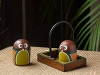 ExclusiveLane 'Owl' Terracotta Salt Pepper Set for Dining Table with Wooden & Iron Tray (Multicolor) | Salt and Pepper Container for Dinning Table Salt and Pepper Dispenser Salt and Pepper Shaker